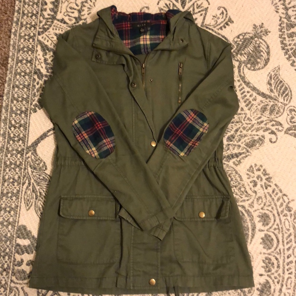 Green Cargo Jacket with Plaid Detail